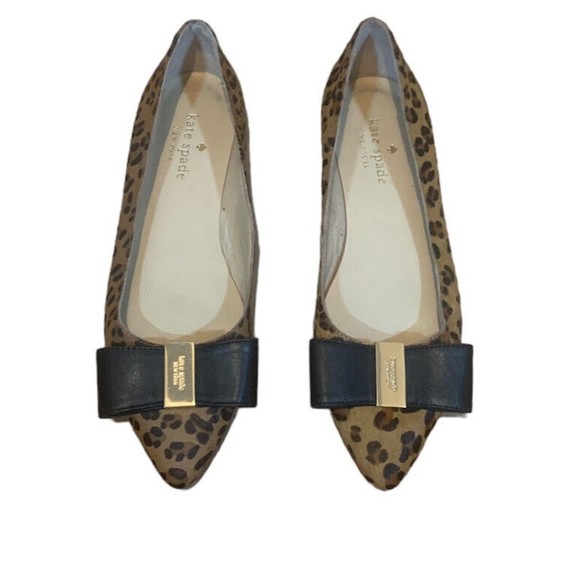 Kate Spade Cheetah Calf Hair Pointed Bow Flats 5M - Picture 1 of 8